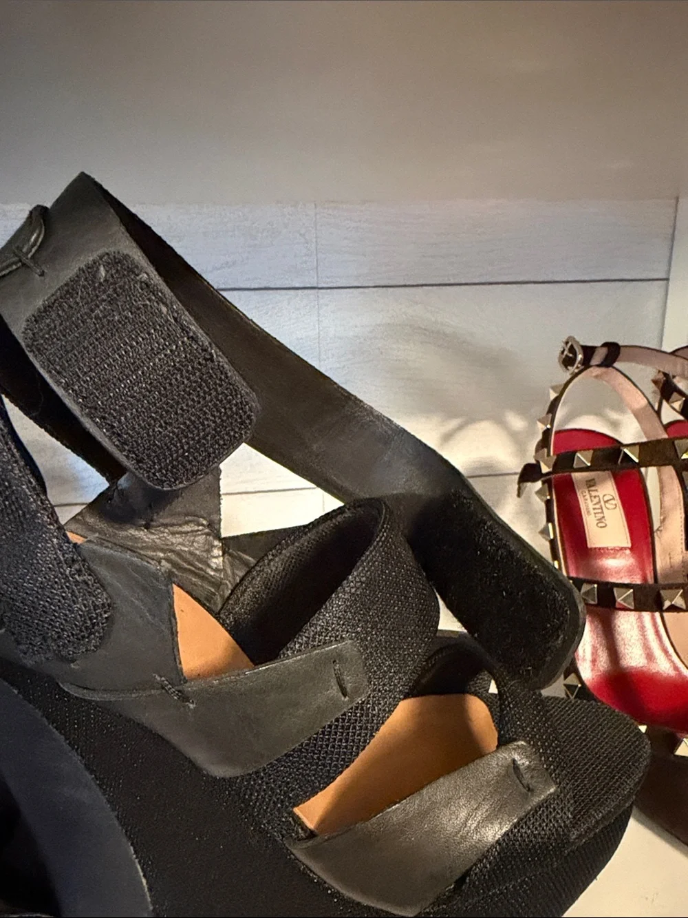 L.A.M.B. Black Leather Ankle-Strap Platform Wedges
